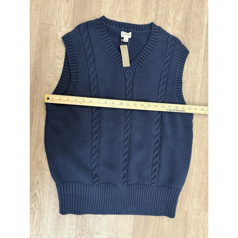 J.Crew Cable-Knit Sweater Vest L Large Navy Blue Cotton Preppy Academia NWT